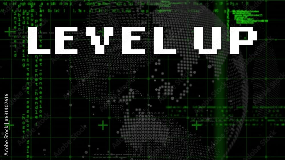 Poster animation of level up text and globe with programming language and grid