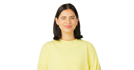 Happy, woman and wink on face or emoji of happiness on transparent, isolated or png background. Portrait, female model and winking with a smile or girl in a fun mood and flirting personality