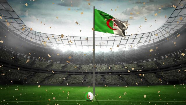 Animation of confetti falling over waving algeria flag and soccer ball against sports stadium