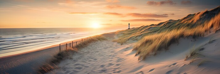 Relaxing on beach at sunset. Stunning sunrise over sandy dunes. Panoramic view of sea. Nature...