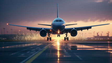 Airplane prepares for departure on airport runway.