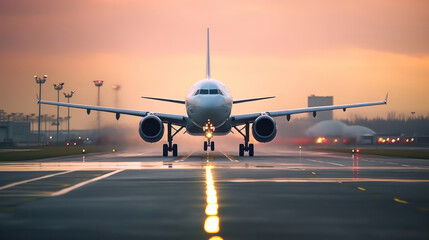 Airplane prepares for departure on airport runway.