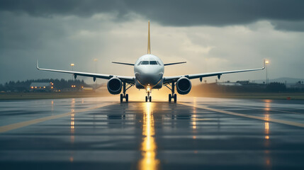 Airplane prepares for departure on airport runway.