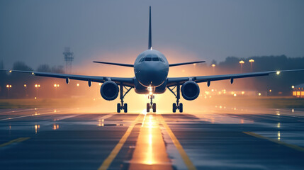 Airplane prepares for departure on airport runway. - obrazy, fototapety, plakaty