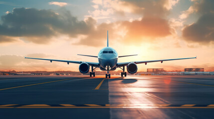 Obraz premium An airplane prepares for departure at the airport at sunset 