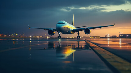 An airplane prepares for departure at the airport at sunset 