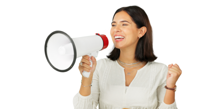 Woman, megaphone and advertising happy announcement for freedom of speech, breaking news or isolated on transparent png background. Model voice, audio loudspeaker and broadcast opinion for attention