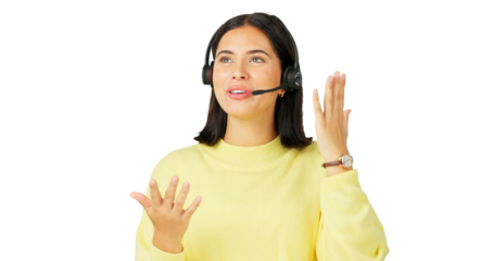 Woman, telecom call center or consulting in customer service isolated on transparent png background. Tech support, contact us or female agent consultant talking or speaking on mic for telemarketing