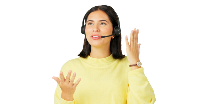 Woman, telecom call center or consulting in customer service isolated on transparent png background. Tech support, contact us or female agent consultant talking or speaking on mic for telemarketing