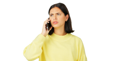 Phone call, conflict or anger with a woman frustrated while isolated on a transparent background. Mobile, communication and frown with an unhappy young female person arguing or fighting on PNG