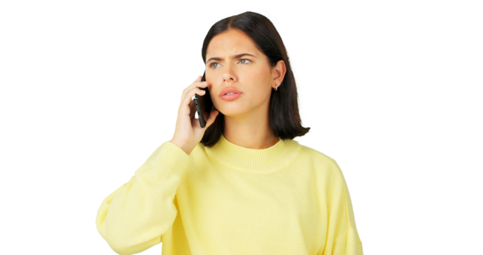 Phone call, conflict or anger with a woman frustrated while isolated on a transparent background. Mobile, communication and frown with an unhappy young female person arguing or fighting on PNG