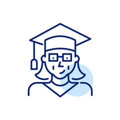 Older woman graduating from college. Wearing mortar and gown. Senior citizens higher education. Pixel perfect, editable stroke icon