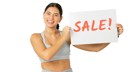 Sales poster, fitness portrait or happy woman advertising gym discount, workout promotion or sports club commercial. Personal trainer, brand deal sign or female athlete on transparent, png background