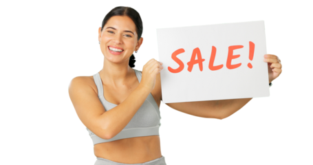 Sales poster, fitness portrait or happy woman advertising gym discount, workout promotion or sports club commercial. Personal trainer, brand deal sign or female athlete on transparent, png background