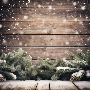 Christmas background with fir branches and cones and decorations on a dark wooden board. View from above. Space for copy.