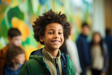 Emotive school joy: Smiling boy amidst friends, bold colors, and nature's harmony