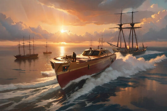 Ship in sunset, beautiful scenery, photo as wallpaper