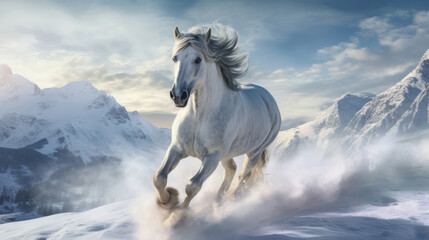 Obraz na płótnie Canvas A horse running through a winter landscape against a backdrop of mountains