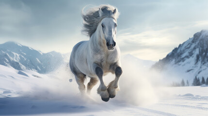 A horse running through a winter landscape against a backdrop of mountains