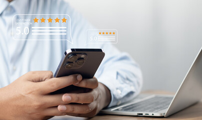 Customer or User give rating to service experiences review satisfaction feedback survey on online application, Customer can evaluate quality of service leading to reputation ranking of business.