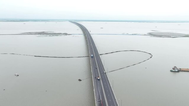 Aerial view of Padma Multipurpose Bridge at Padma river in Bangladesh.