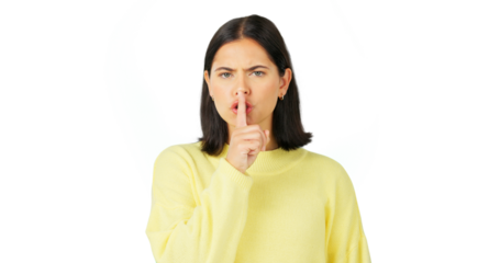 Secret, angry portrait and woman with finger on lips isolated on a transparent png background for privacy, loud noise and moody reaction. Face of serious model, silence and quiet emoji to whisper
