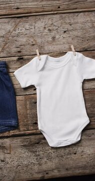 Vertical video of baby grow and denim shorts on clothes pegs with copy space on wooden background