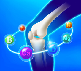 Multivitamins revolve around bone and leg mass. essential nutrients for knee joints and bones Vector illustration for multivitamin ads, medical and healthy lifestyle. - obrazy, fototapety, plakaty