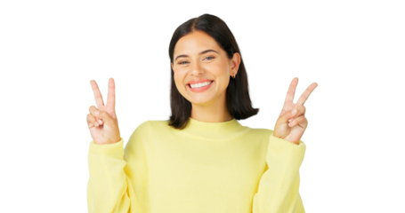 Peace, hand sign and happy portrait of a woman for support. Face of a young person show icon emoji for wellness, kindness and freedom or hope with gesture isolated on a transparent, png background