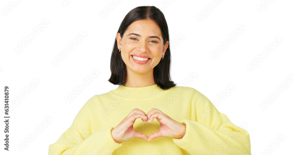 Canvas Prints Heart hands, love and happy portrait of a woman review or feedback for support. Face of a young person and show icon emoji for charity, kindness and peace isolated on a transparent, png background