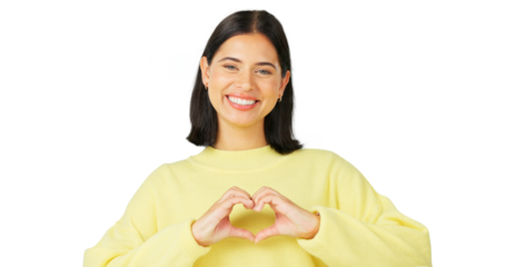 Heart hands, love and happy portrait of a woman review or feedback for support. Face of a young person and show icon emoji for charity, kindness and peace isolated on a transparent, png background