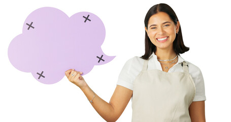 Social media, happy woman and barista portrait with speech bubble news, communication or retail sales voice. Promotion deal banner, tracking markers and female waitress on transparent, png background