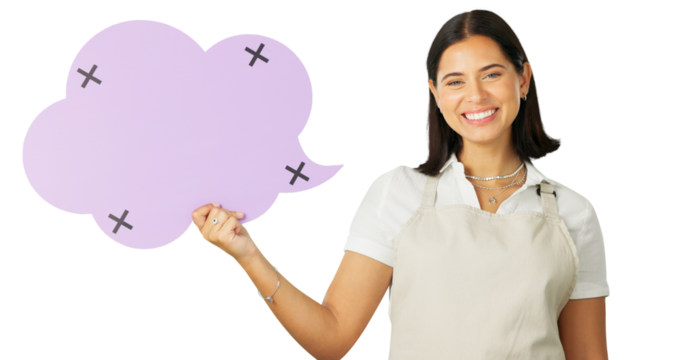 Social media, happy woman and barista portrait with speech bubble news, communication or retail sales voice. Promotion deal banner, tracking markers and female waitress on transparent, png background