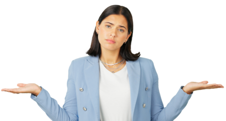 Business woman, shrug and portrait for choice, decision and confused face about work. Young employee, hand gesture and a sad female worker feedback or unsure isolated on a transparent png background
