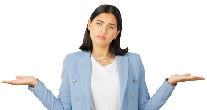 Business woman, shrug and portrait for choice, decision and confused face about work. Young employee, hand gesture and a sad female worker feedback or unsure isolated on a transparent png background