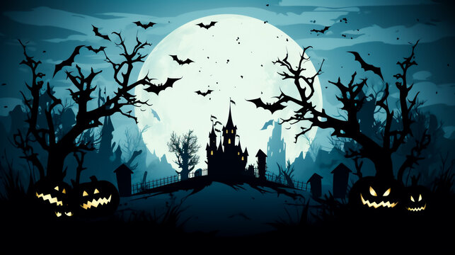 Halloween Card and party Invitation with a dark night background, Pumpkins, bats, full moon and dark castle. or spooky house. illustration with copy space.