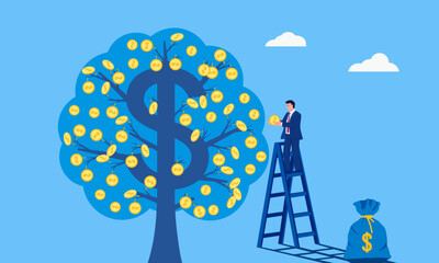 Investing, businessman picking fruit from a tree, reaping profits from investment