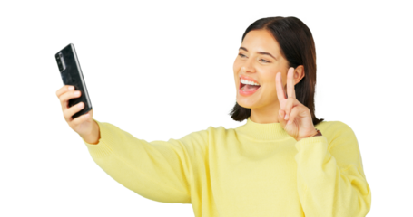 Excited, woman and selfie with peace sign isolated on a transparent png background. Smile, v hand and person taking profile picture for happy memory, influencer on social media or photography emoji