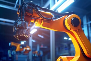 Mechanical industrial robotic arm for assembly in factory production line. generative ai