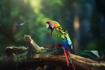 parrot on a wooden branch in the middle of the forest. generative ai