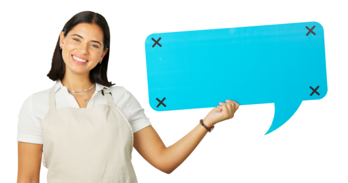 Happy woman, barista portrait and speech bubble paper, waitress communication or restaurant cafe voice. Social media feedback, poster tracking markers and female server on transparent, png background