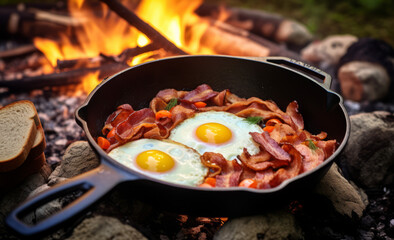 Camping breakfast with bacon and eggs in a cast iron skillet. Fried eggs with bacon in a pan in the forest. Food at the camp. Scrambled eggs with bacon on fire. Picnic. Generative AI.