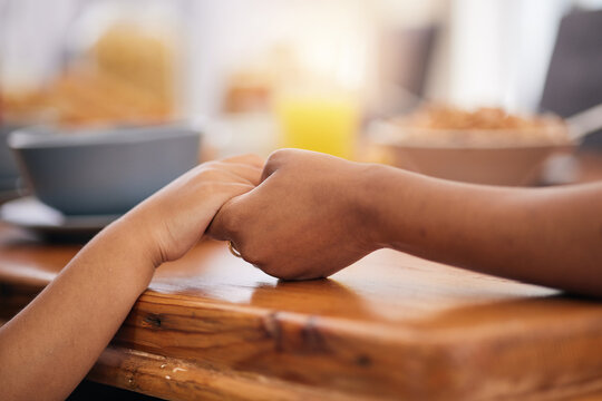 Holding Hands, Prayer And Dinner Table With Gratitude At Family Lunch With Food And Worship. Thanksgiving, Holiday And Dining Room Of People Together At Home For Religion In A House With Care To Pray