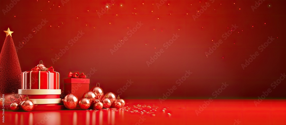 Poster A 3D image with a red Christmas background that can be used for product placement or a website.