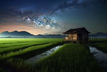 landscape view of a hut in the middle of a rice field with a milky way. long exposure photography. generative ai