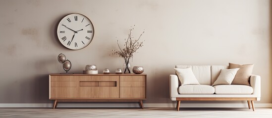 A classic house's neutral living room is adorned with a stylish teak commode, design decoration,