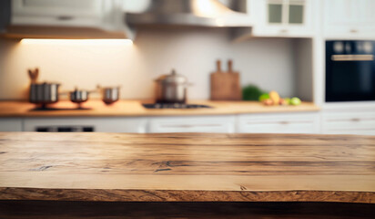 Kitchen Elegance Wood Table Top on Blurred Background  Cinematic High-Quality Image, kitchen table and utensils stock images