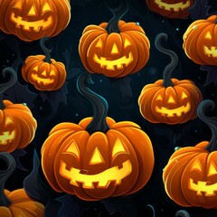 Halloween pumpkins with scary faces on dark background. Illustration of halloween scary pumpkins with glowing eyes and grin angry smile, at night. Pattern for design. Halloween Holiday art concept