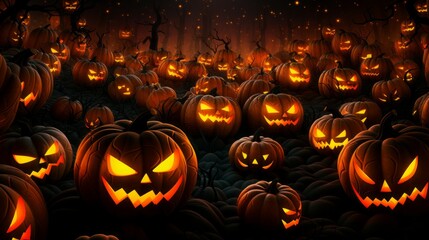 Halloween pumpkins with scary faces at night forest. Illustration of halloween scary pumpkins with glowing eyes and grin angry smile at dark. Pattern for design. Halloween Holiday art concept.