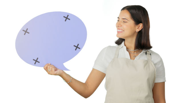 Poster woman, happy barista and speech bubble voice, coffee shop communication or cafe commercial. Restaurant social media, cashier tracking markers and female server on transparent, png background